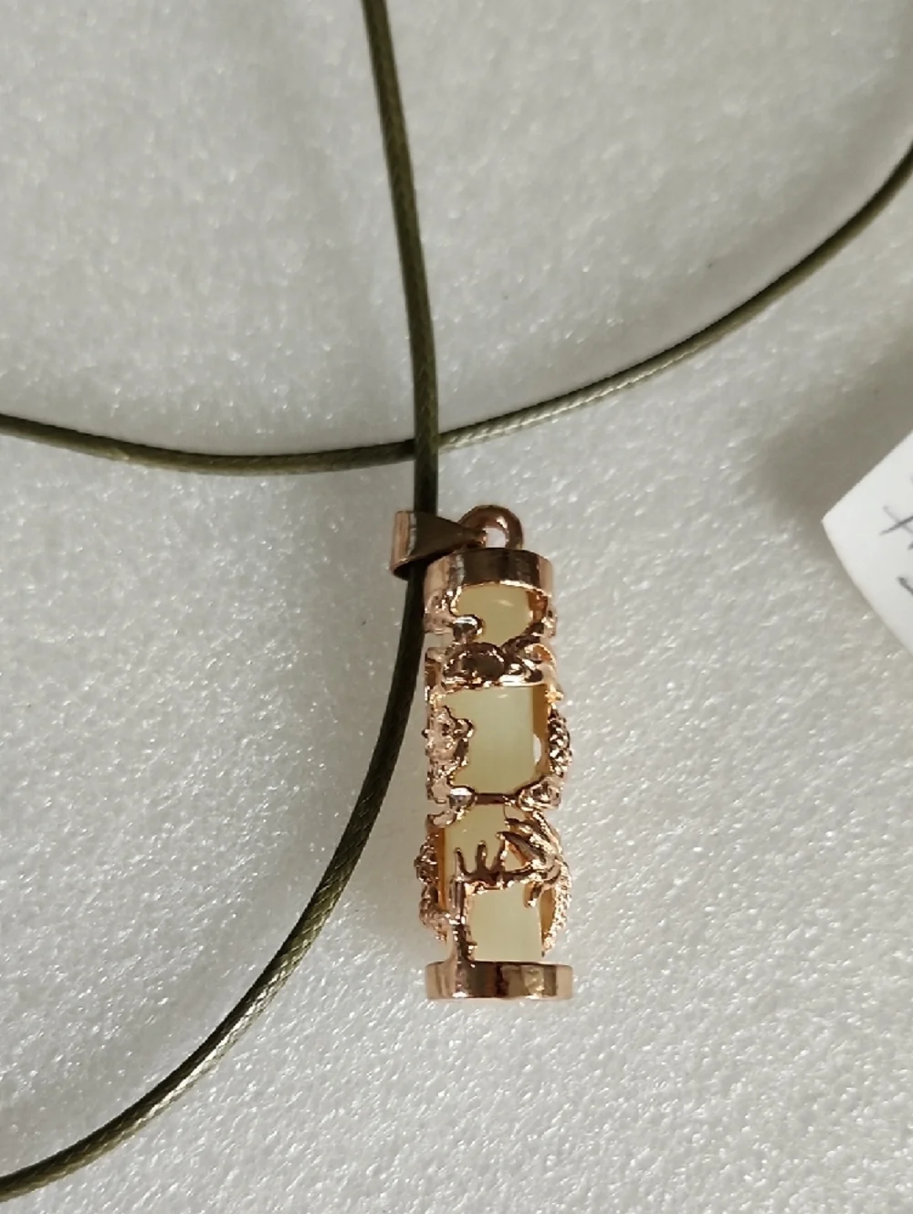 Rose Gold Dragon Filigree Cylinder Pendant Necklace in Cream